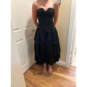 Vintage Gunne Sax Jessica McClintock Black Satin Strapless Tiered Midi Dress, 9